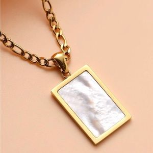 Mother Pearl Rectangle Iridescent Shell Gold Stainless Steel Geometric Necklace